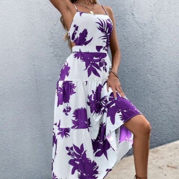 Boho purple white floral tropical print tie back maxi dress - Picture 5 of 7